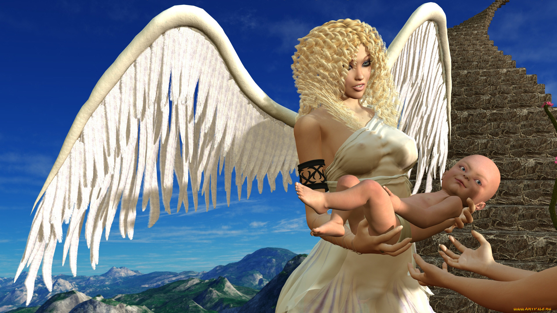 Обои tipsy angel 3Д Графика Ангел (Angel), обои для рабочего стола,  фотографии tipsy angel, 3д графика, anime , аниме, ангел, крылья, лестница,  младенец Обои для рабочего стола, скачать обои картинки заставки на